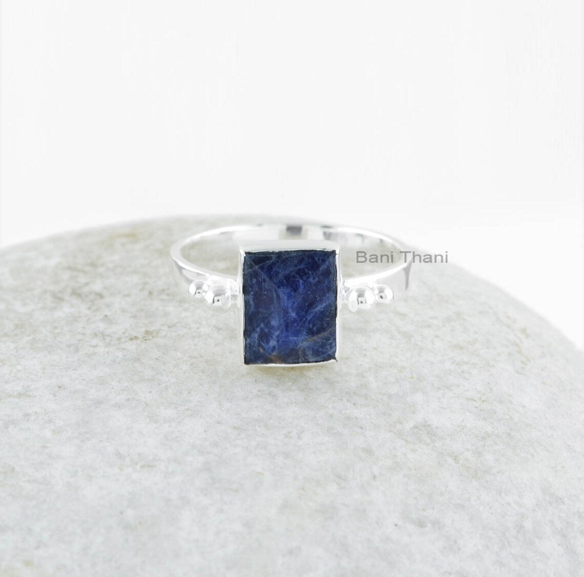 Sodalite Handmade Silver Dotted Ring - 925 Sterling Silver Ring - Gemstone Ring for Women - Rectangle Pyramid Ring - Gift for Bridal Wedding