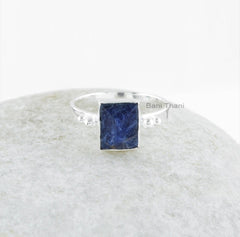 Sodalite Handmade Silver Dotted Ring - 925 Sterling Silver Ring - Gemstone Ring for Women - Rectangle Pyramid Ring - Gift for Bridal Wedding