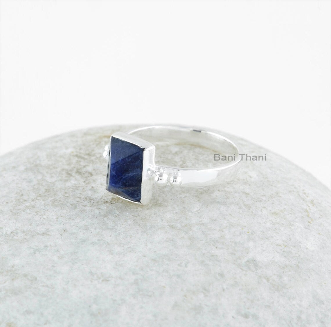 Sodalite Handmade Silver Dotted Ring - 925 Sterling Silver Ring - Gemstone Ring for Women - Rectangle Pyramid Ring - Gift for Bridal Wedding