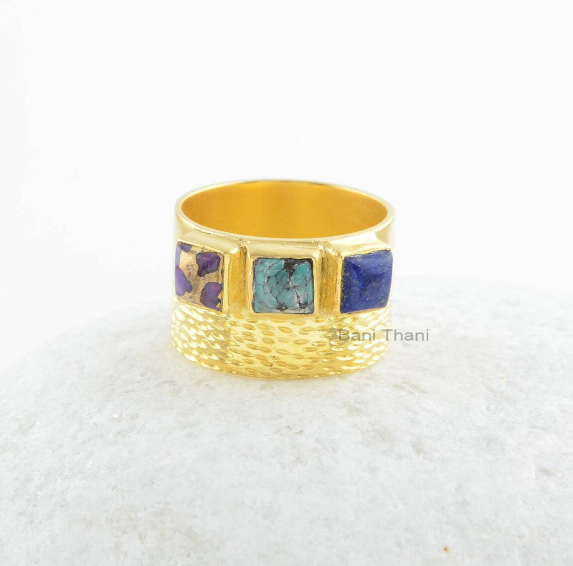 Sterling Silver Ring-Copper Purple 5x5mm Square-Tibetan Turquoise 5x5mm Square-Lapis 5x5mm Square Gemstone Ring