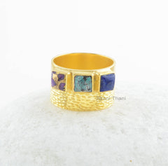 Sterling Silver Ring-Copper Purple 5x5mm Square-Tibetan Turquoise 5x5mm Square-Lapis 5x5mm Square Gemstone Ring