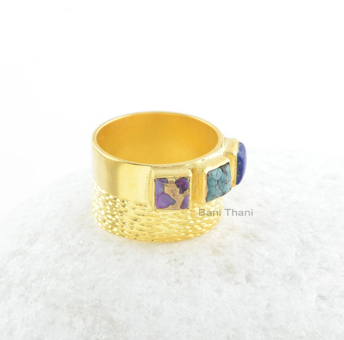 Sterling Silver Ring-Copper Purple 5x5mm Square-Tibetan Turquoise 5x5mm Square-Lapis 5x5mm Square Gemstone Ring