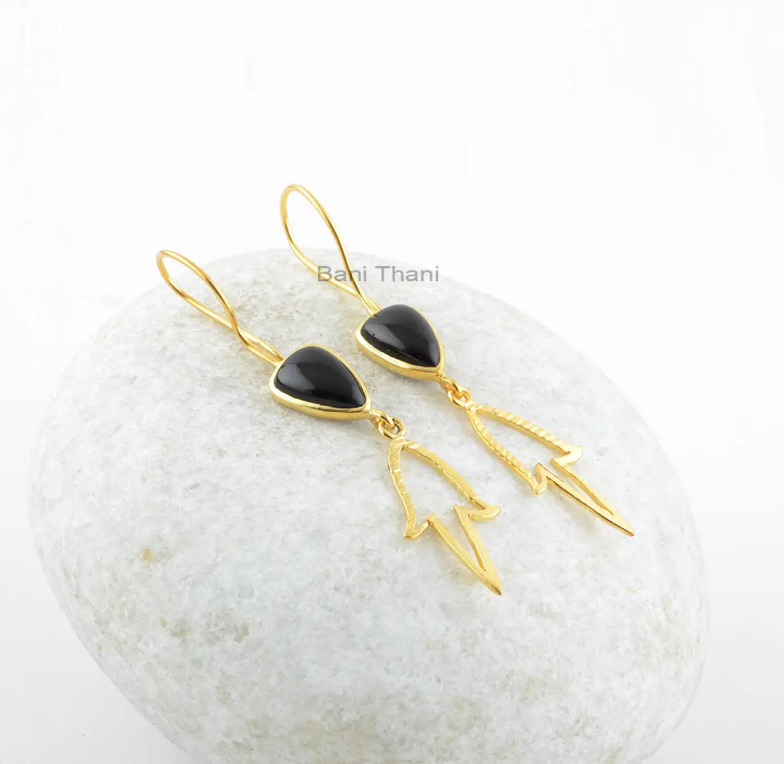 Black Onyx Earrings-Black Onyx 8x12 Trillion Sterling Silver Earrings-18k Gold Plated Drop Earrings-Silver Earrings-Dangle Earrings