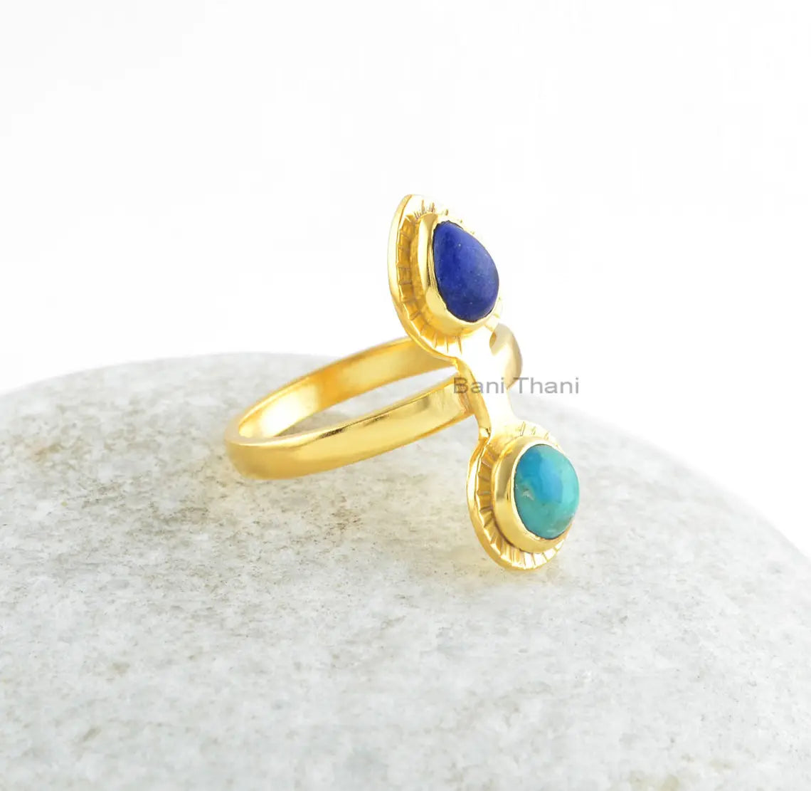 Lapis Lazuli, Arizona Turquoise Gemstone Ring - Gold Plated Anniversary Gift Ring - 925 Sterling Silver Gemstone Ring - Multi Stone Ring