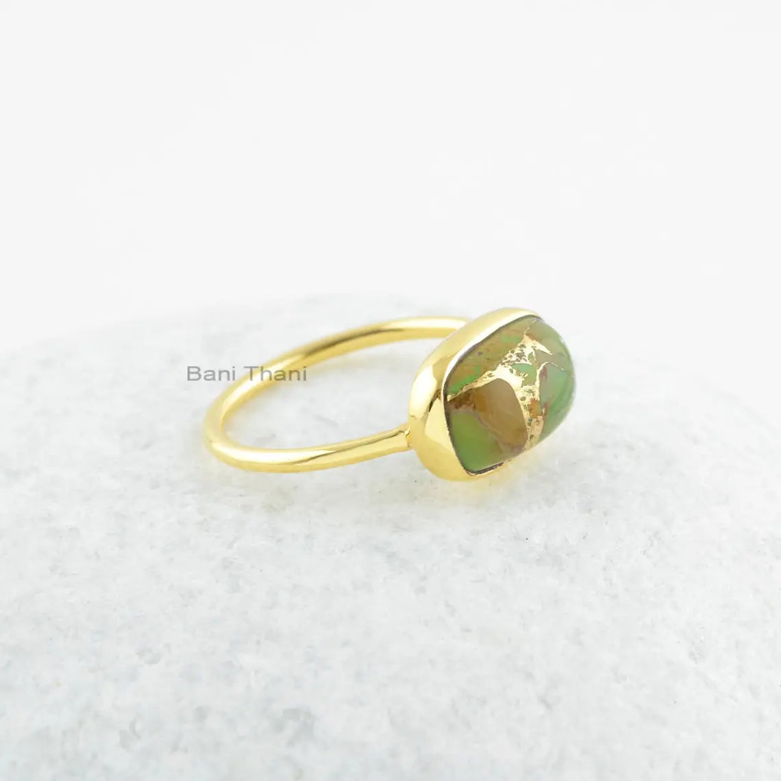 Green Turquoise Ring-Copper Green Turquoise 8x12mm Cushion Sterling Silver Ring-Gold Plated Ring-Gemstone Ring-Silver Ring-Gift For Women