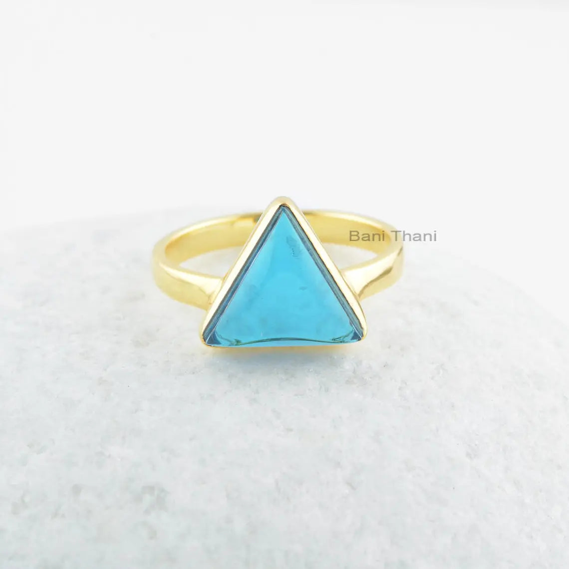Topaz Ring, London Blue Topaz 10mm Triangle Gemstone Ring, 925 Sterling Silver Bezel Ring, 18k Gold Plated Tringle Ring, Ring Gift For Women