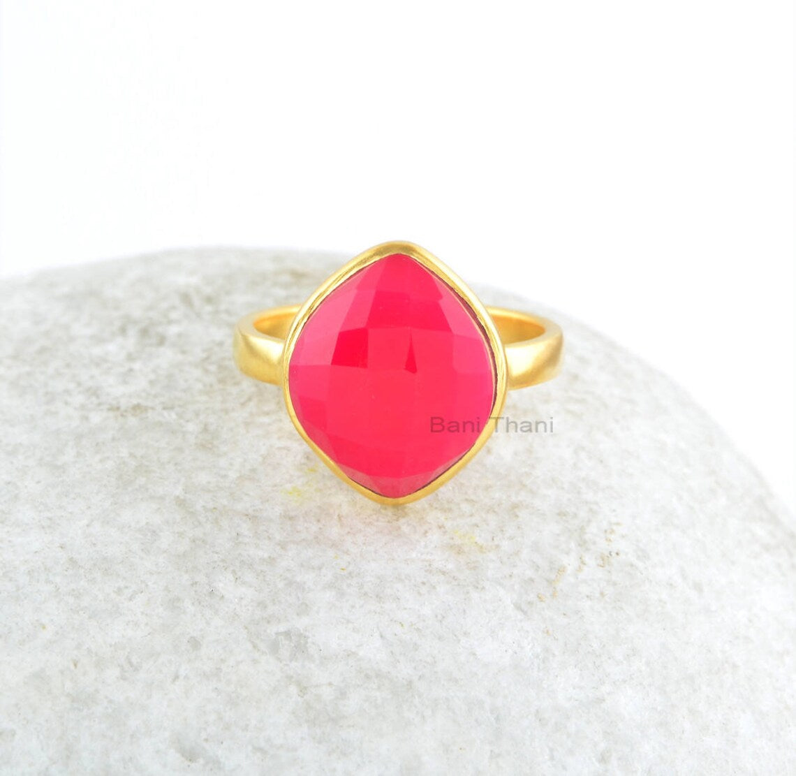 Hot Pink Chalcedony Faceted Gemstone Ring - Sterling Silver Handmade Ring - Gold Plated Chalcedony Ring - Everyday Jewelry - Present for Her