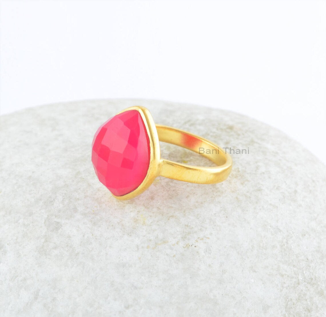 Hot Pink Chalcedony Faceted Gemstone Ring - Sterling Silver Handmade Ring - Gold Plated Chalcedony Ring - Everyday Jewelry - Present for Her