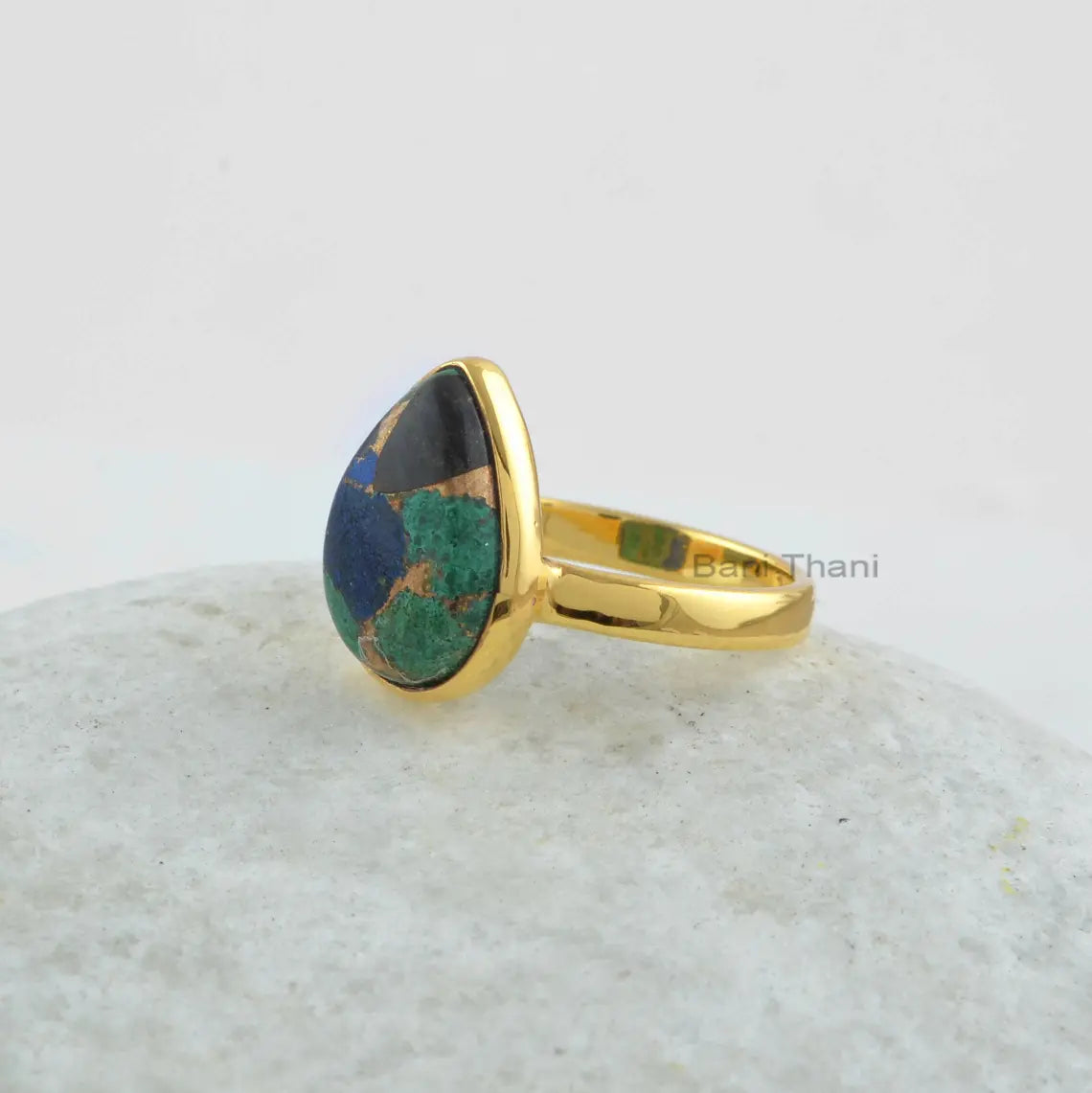 Azurite Ring, 10x14mm Pear Shape Azurite Gemstone Silver Ring-18k Gold Plated Azurite Ring, 925 Sterling Silver Bezel Ring, Gemstone Jewelry