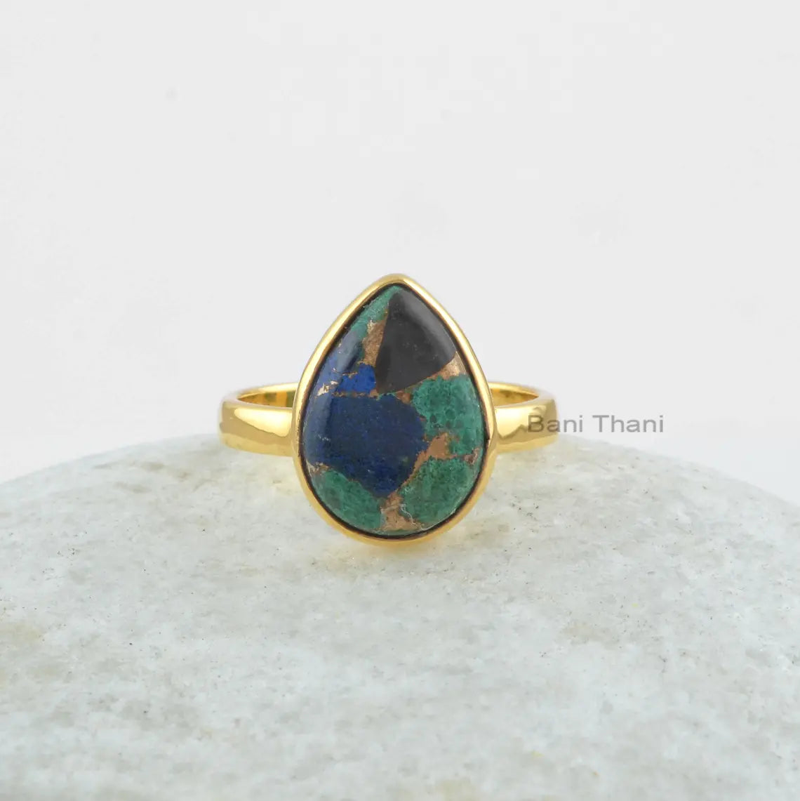 Azurite Ring, 10x14mm Pear Shape Azurite Gemstone Silver Ring-18k Gold Plated Azurite Ring, 925 Sterling Silver Bezel Ring, Gemstone Jewelry