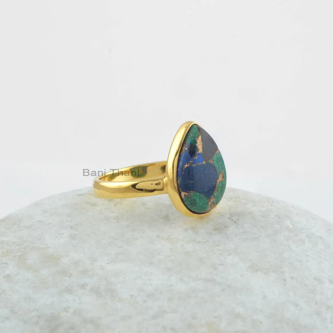 Azurite Ring, 10x14mm Pear Shape Azurite Gemstone Silver Ring-18k Gold Plated Azurite Ring, 925 Sterling Silver Bezel Ring, Gemstone Jewelry