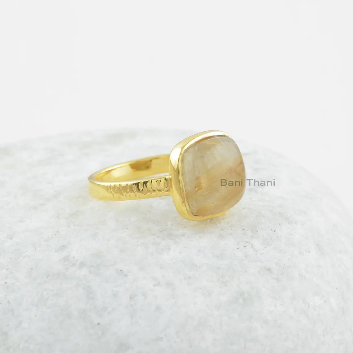 Golden Rutile Gemstone Silver Ring - 925 Sterling Silver Cushion Ring - Gold Plated Handcrafted Ring - Gift for Bridesmaids - Gift for Her