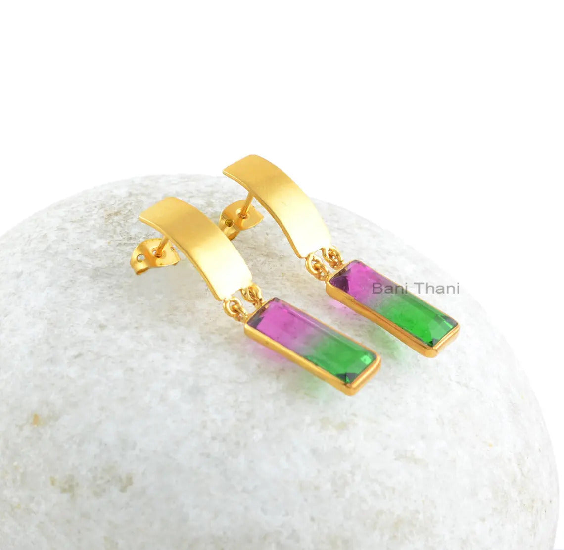 Watermelon Tourmaline Earrings-Bio Watermelon Tourmaline Quartz 6x17mm Rectangle Baguette Sterling Silver Earrings-Gold Plated Earrings