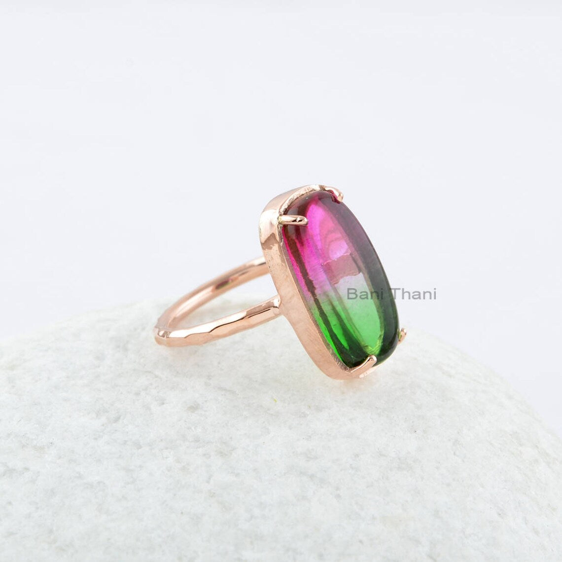 Bio Tourmaline Quartz 9x18mm Rectangle Gemstone Ring, Rose Gold Plated Sterling Silver Ring, Anniversary Gift Ring, Christmas Gift Ring