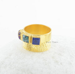 Sterling Silver Ring-Copper Purple 5x5mm Square-Tibetan Turquoise 5x5mm Square-Lapis 5x5mm Square Gemstone Ring