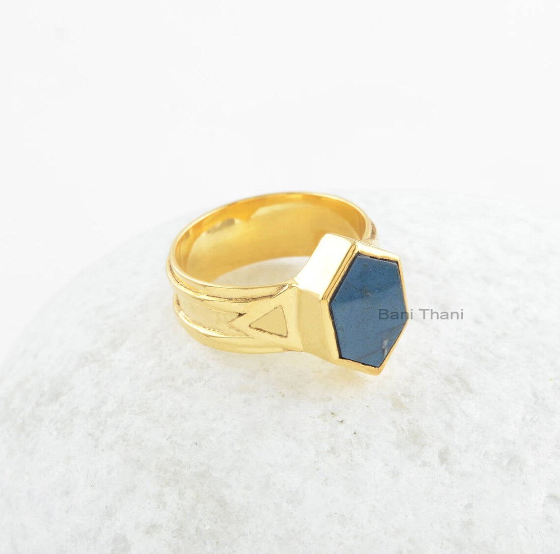 Blue Fire Labradorite Ring - Solid Sterling Silver - Gold Plated Ring - 9x12mm Hexagon Stone - Personalized Jewelry - Gift For Lady - Jewelry for Prom