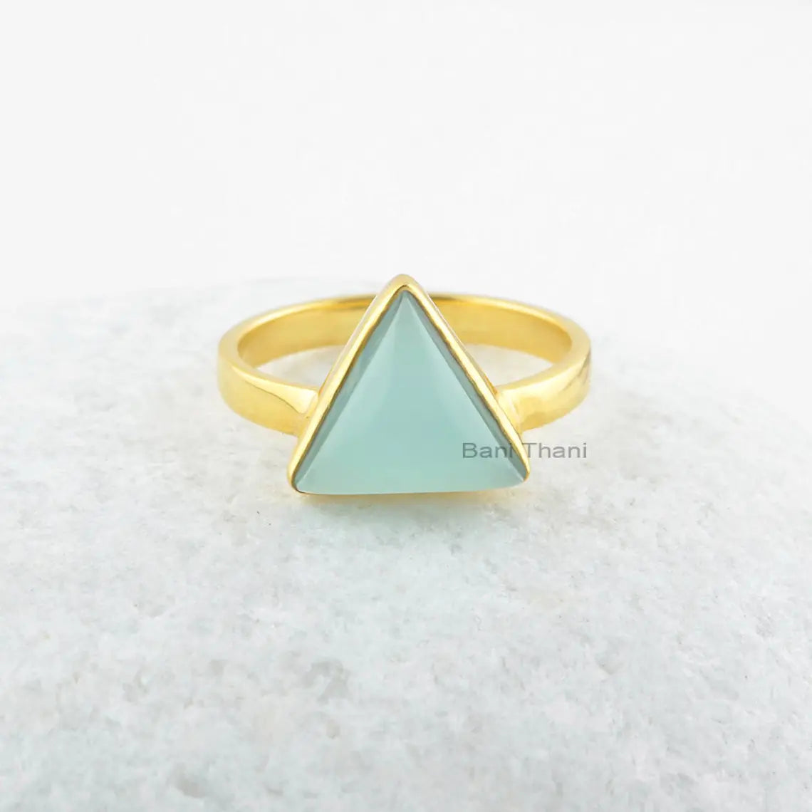 Aqua Chalcedony Ring-Aqua Chalcedony 10x10mm Triangle Sterling Silver Ring-18k Gold Plated Ring-Gemstone Ring-Thanksgiving-Gift For Women