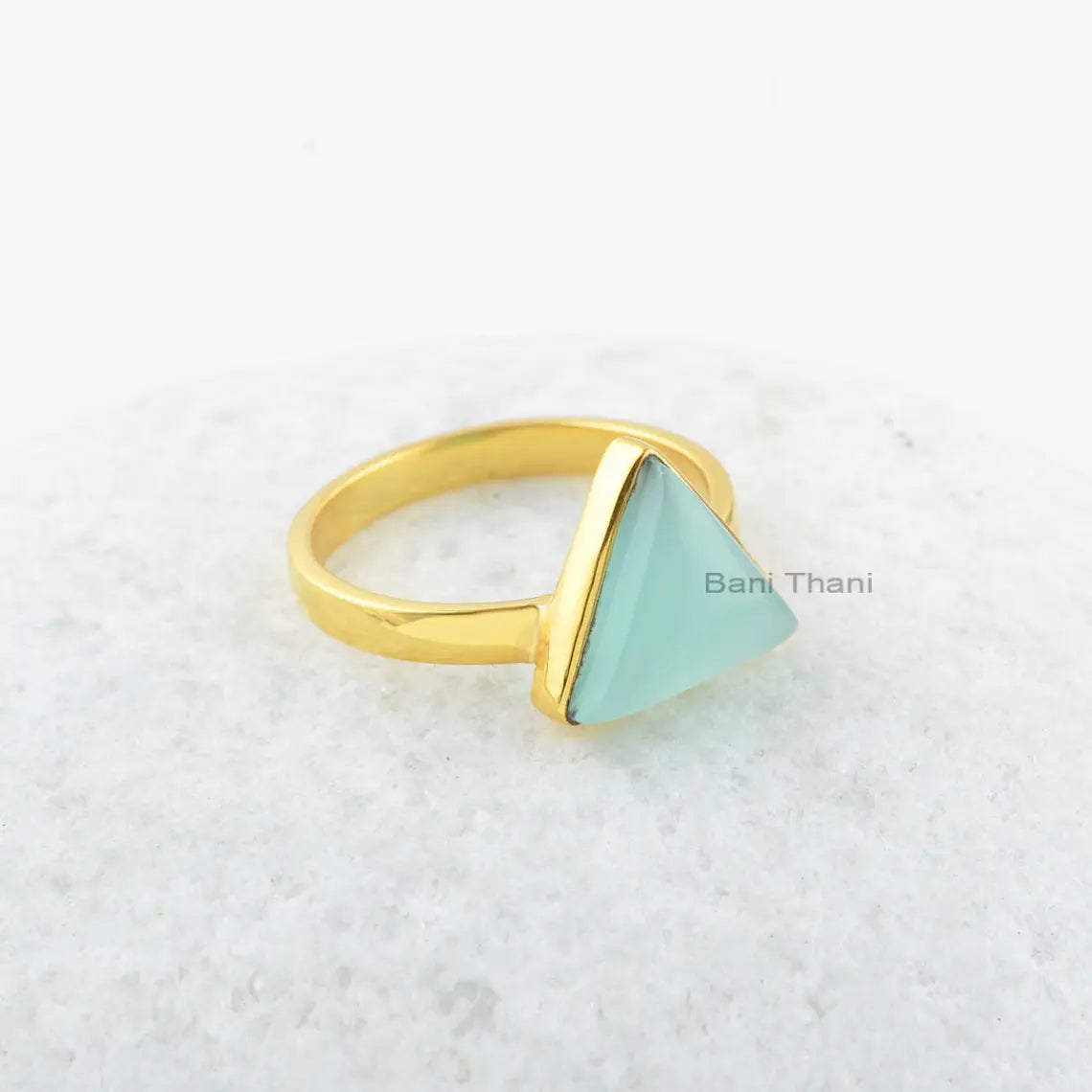 Aqua Chalcedony Ring-Aqua Chalcedony 10x10mm Triangle Sterling Silver Ring-18k Gold Plated Ring-Gemstone Ring-Thanksgiving-Gift For Women