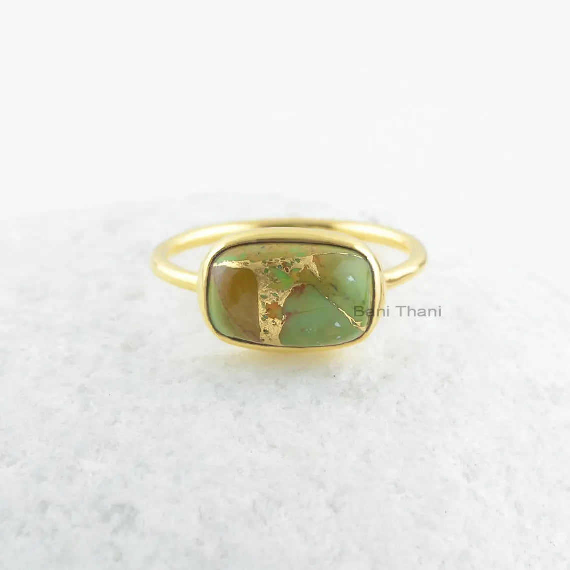 Green Turquoise Ring-Copper Green Turquoise 8x12mm Cushion Sterling Silver Ring-Gold Plated Ring-Gemstone Ring-Silver Ring-Gift For Women