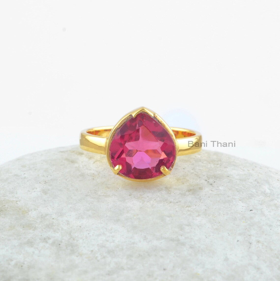 Pink Tourmaline Quartz Ring - Pink Tourmaline 10mm Heart Ring - Gold Plated Ring - 925 Sterling Silver Ring - Handmade Ring - Gift For Wife