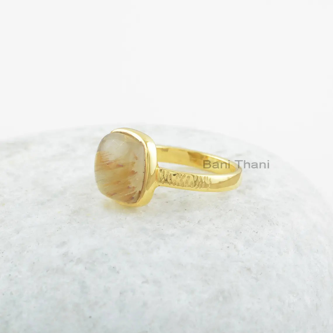 Golden Rutile Gemstone Silver Ring - 925 Sterling Silver Cushion Ring - Gold Plated Handcrafted Ring - Gift for Bridesmaids - Gift for Her