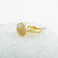 Golden Rutile Gemstone Silver Ring - 925 Sterling Silver Cushion Ring - Gold Plated Handcrafted Ring - Gift for Bridesmaids - Gift for Her