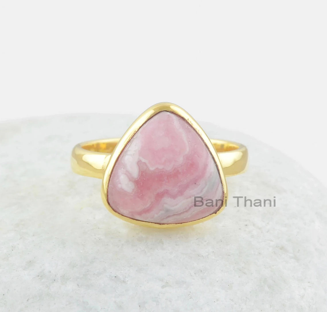 Rhodochrosite Gemstone Ring - 12mm Trillion Ring - 925 Solid Silver Ring - Gold Plated Ring - Handmade Ring - Gift for Her - Womens Jewelry