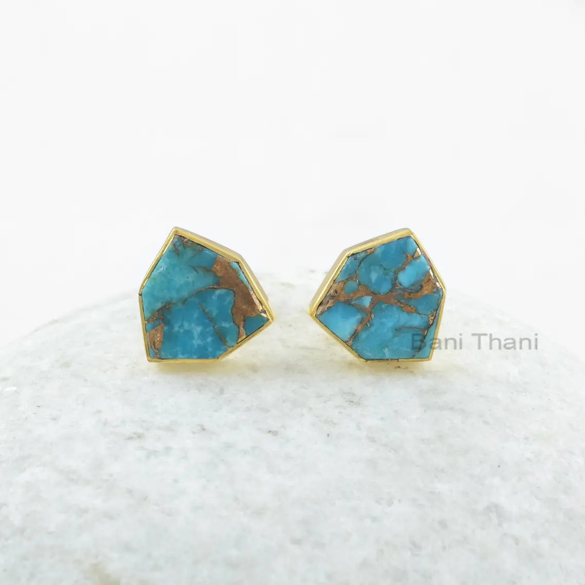 Copper Blue Turquoise Stud Earrings - 925 Silver - Rose Gold Studs - 12mm Trillion Hexagon - Trendy Jewelry -Gift For Prom -Jewelry For Date