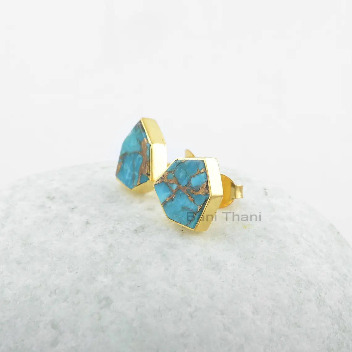 Copper Blue Turquoise Stud Earrings - 925 Silver - Rose Gold Studs - 12mm Trillion Hexagon - Trendy Jewelry -Gift For Prom -Jewelry For Date