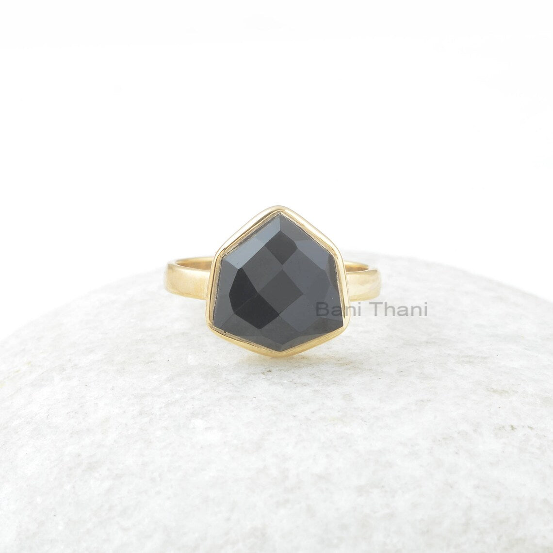 Black Onyx Ring - 12mm Trillion Ring - Gold Plated Ring - Solid Silver - Gemstone Jewelry - Dainty Ring - Jewelry for Writer - Gift for Lady