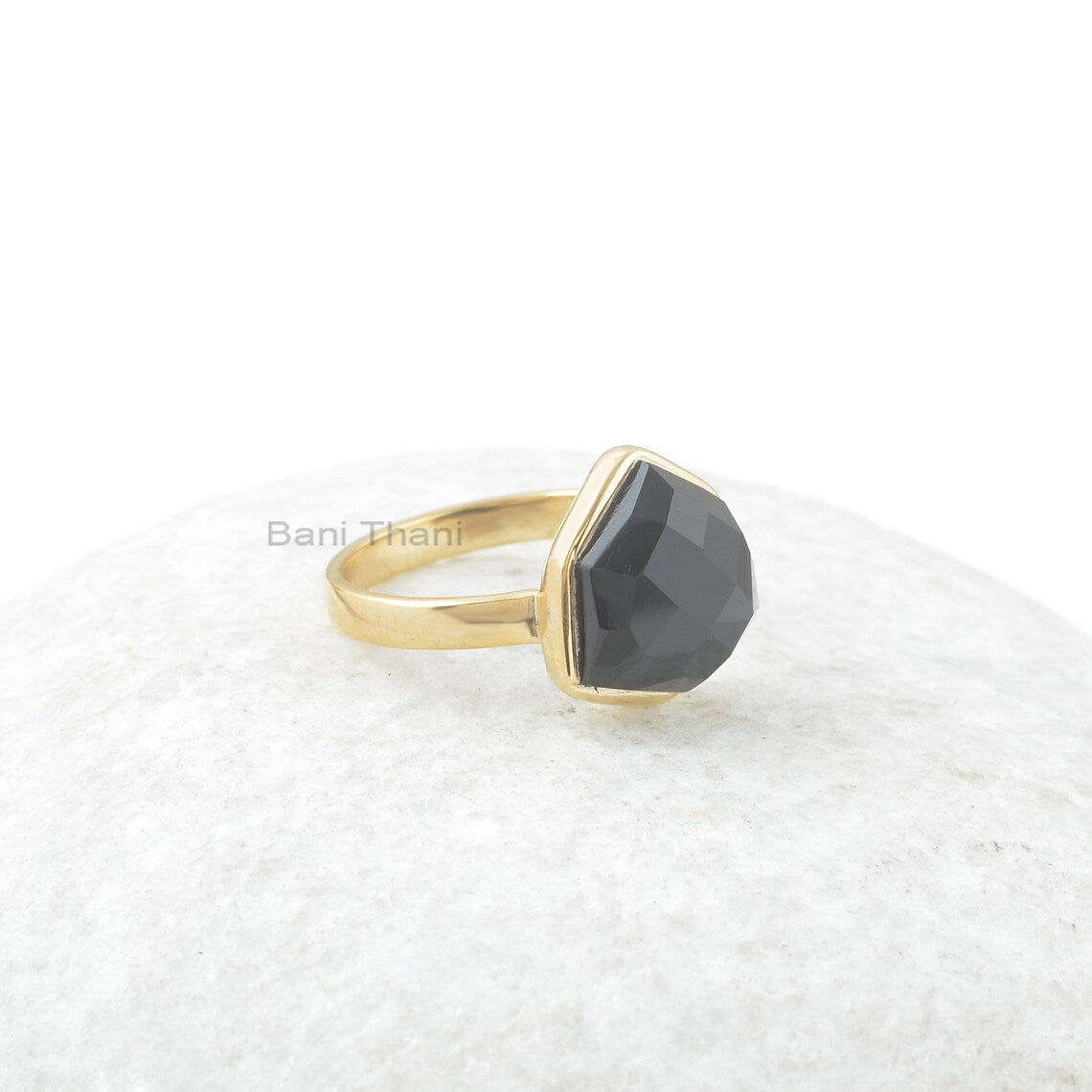 Black Onyx Ring - 12mm Trillion Ring - Gold Plated Ring - Solid Silver - Gemstone Jewelry - Dainty Ring - Jewelry for Writer - Gift for Lady