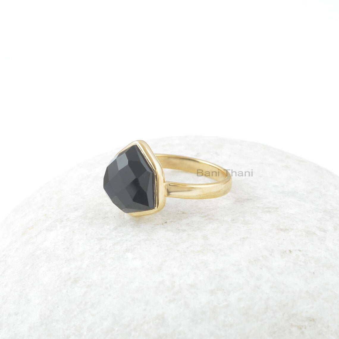 Black Onyx Ring - 12mm Trillion Ring - Gold Plated Ring - Solid Silver - Gemstone Jewelry - Dainty Ring - Jewelry for Writer - Gift for Lady
