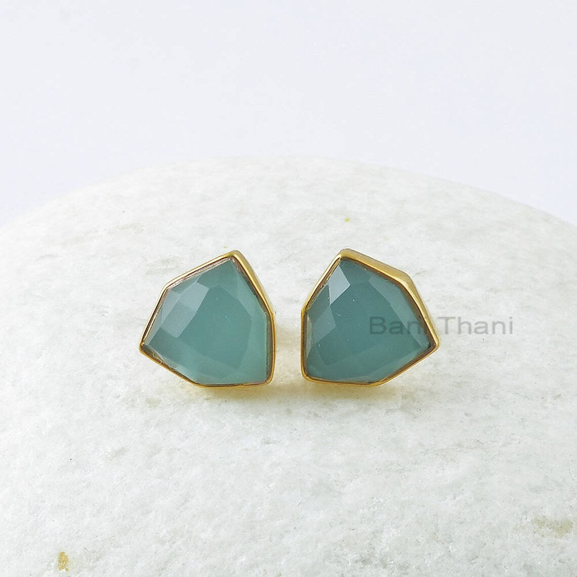 Aqua Chalcedony Stud Earrings - Gold Plated Studs - Solid Silver - 10mm Trillion Hexagon - Jewelry For Wholesale - Gift For Bridesmaids