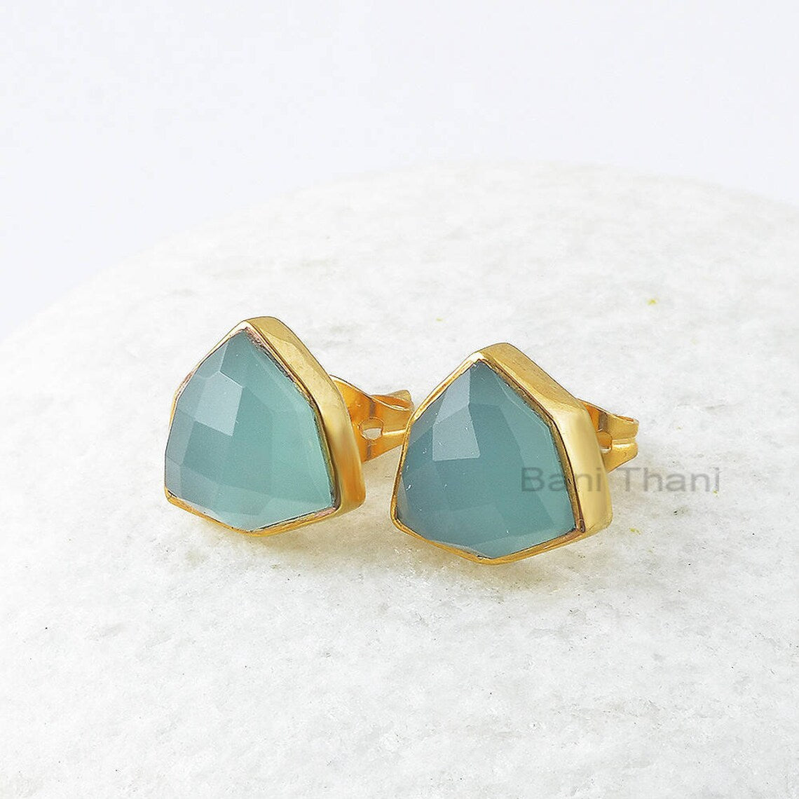 Aqua Chalcedony Stud Earrings - Gold Plated Studs - Solid Silver - 10mm Trillion Hexagon - Jewelry For Wholesale - Gift For Bridesmaids