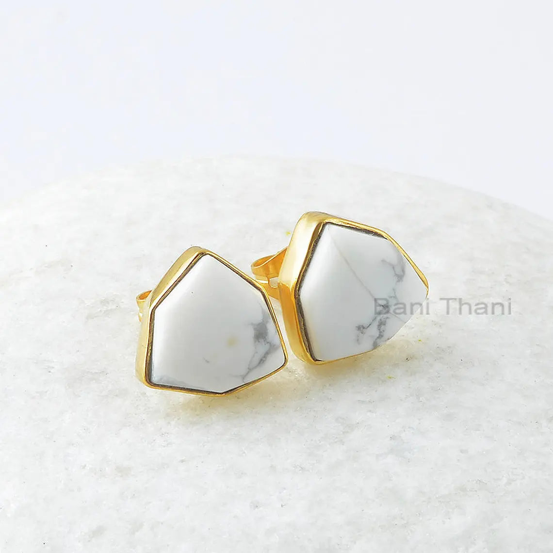 White Howlite Stud Earrings - Handcrafted Studs - Pure Silver - 10mm Trillion Hexagon - Gemstone Jewelry - Jewelry For Wife - Gift For Yoga