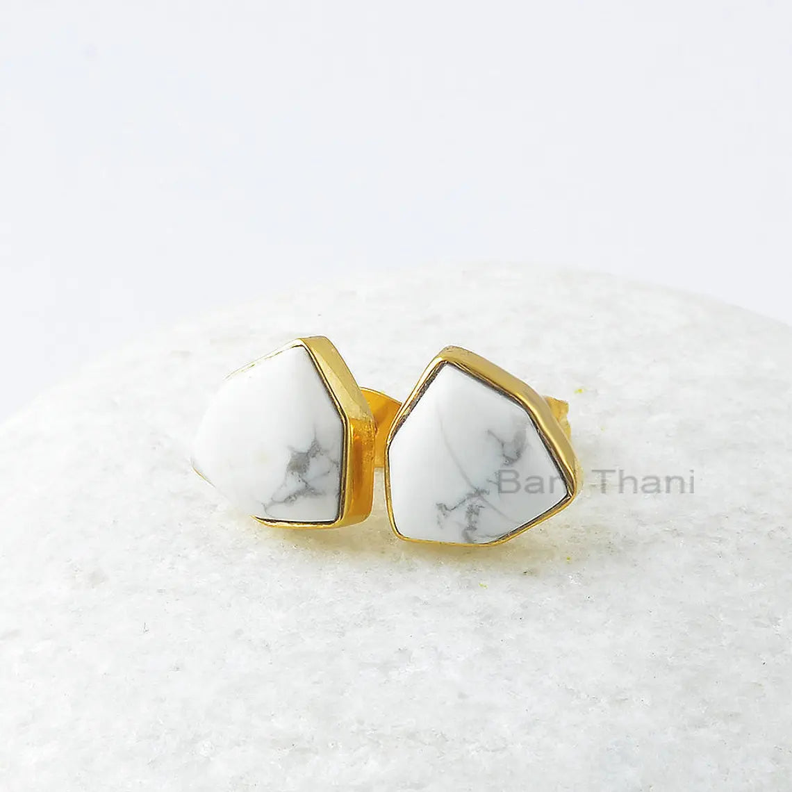 White Howlite Stud Earrings - Handcrafted Studs - Pure Silver - 10mm Trillion Hexagon - Gemstone Jewelry - Jewelry For Wife - Gift For Yoga