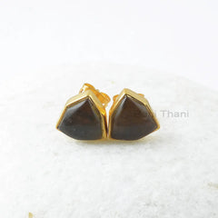 Smoky Quartz 10mm Trillion Hexagon Gemstone Stud Earrings, Stud Earrings, Bridesmaid Gift Earring, 925 Sterling Silver Gold Plated Earrings