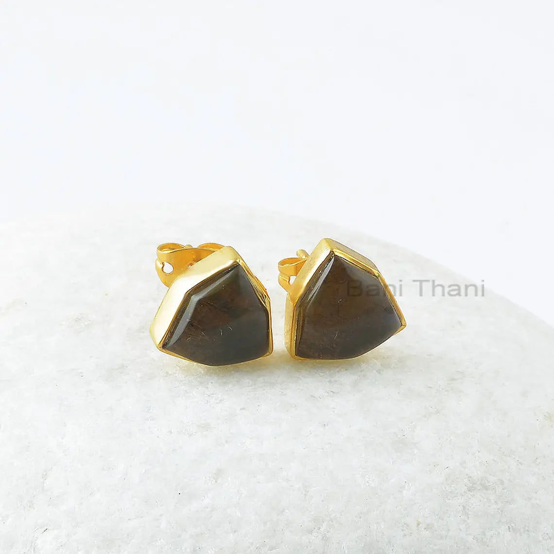 Smoky Quartz 10mm Trillion Hexagon Gemstone Stud Earrings, Stud Earrings, Bridesmaid Gift Earring, 925 Sterling Silver Gold Plated Earrings