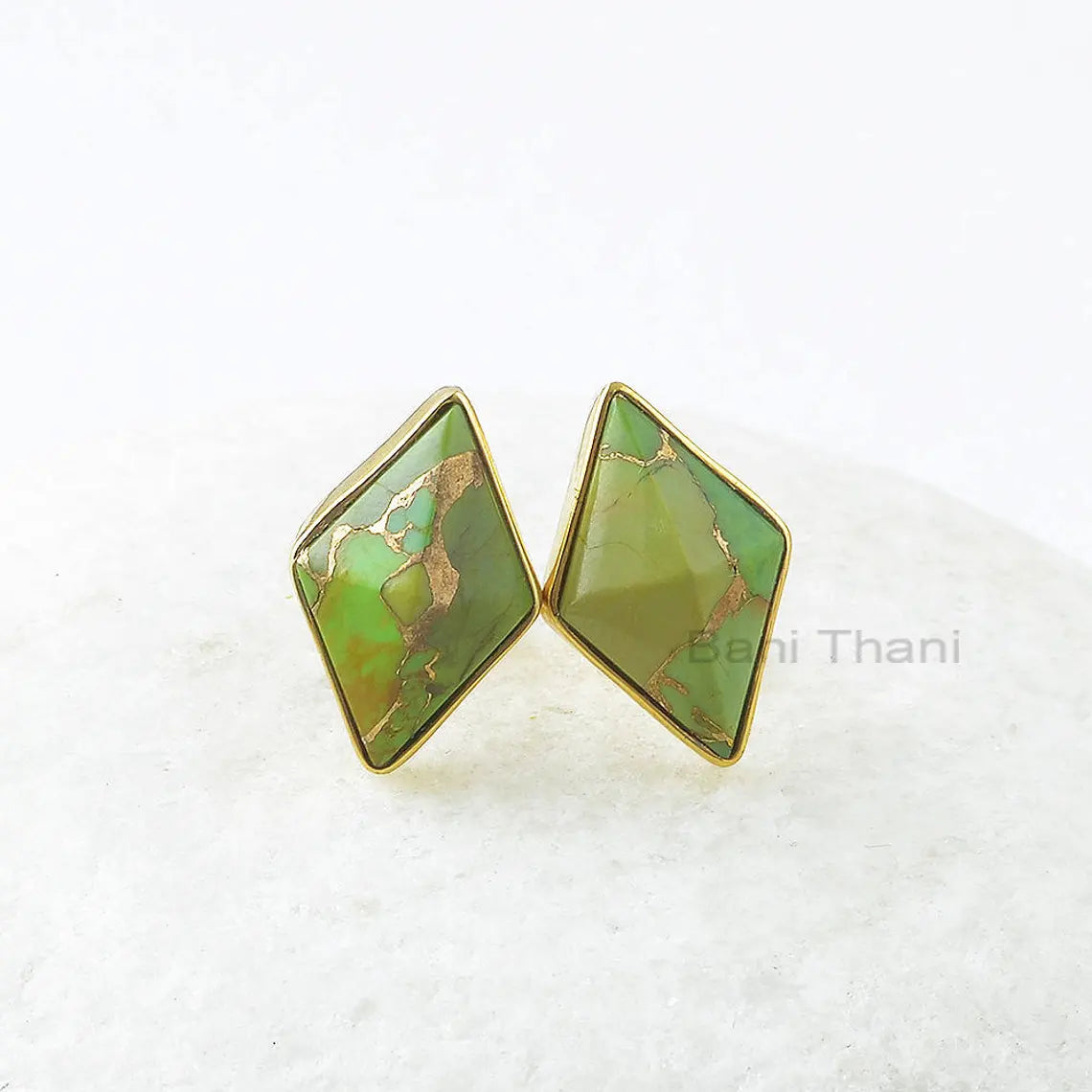 Green Copper Turquoise Earrings, Green Copper Turquoise 10x16mm Diamond Pyramid Silver Earrings, Stud Earrings, Gift For Women