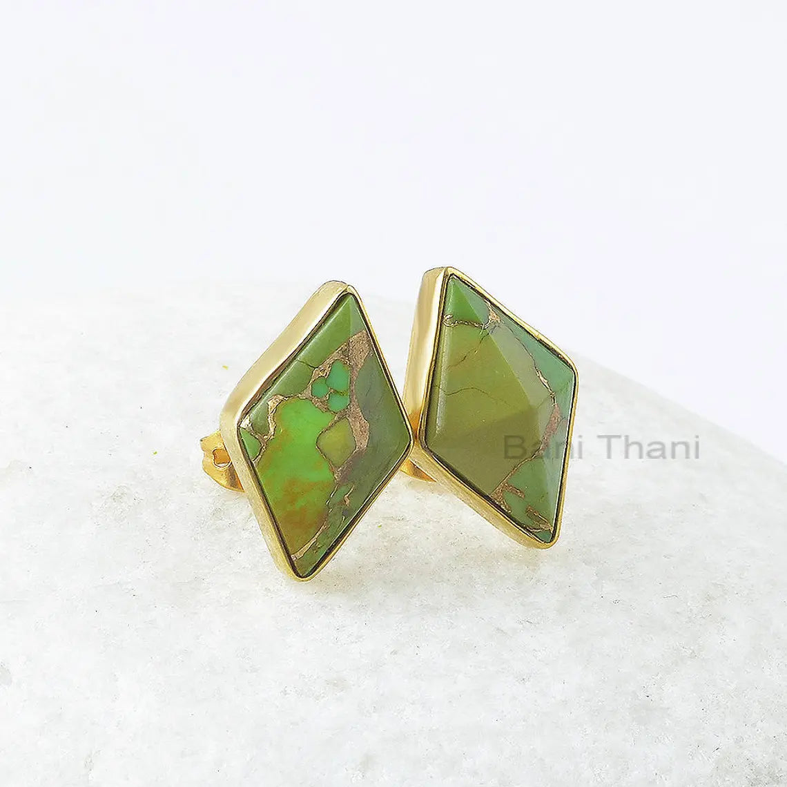 Green Copper Turquoise Earrings, Green Copper Turquoise 10x16mm Diamond Pyramid Silver Earrings, Stud Earrings, Gift For Women