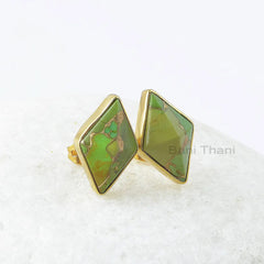 Green Copper Turquoise Earrings, Green Copper Turquoise 10x16mm Diamond Pyramid Silver Earrings, Stud Earrings, Gift For Women