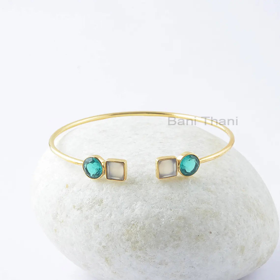 Teal Quartz White Chalcedony Bangle - Solid Silver - 7x7mm Round , 6x6mm Square - Statement Jewelry - Gift For Lady - Jewelry for Prom