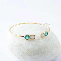 Teal Quartz White Chalcedony Bangle - Solid Silver - 7x7mm Round , 6x6mm Square - Statement Jewelry - Gift For Lady - Jewelry for Prom