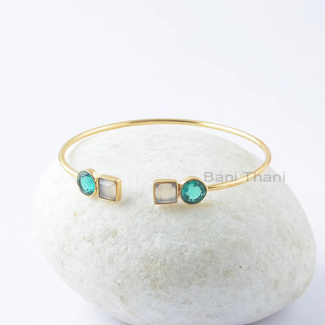 Teal Quartz White Chalcedony Bangle - Solid Silver - 7x7mm Round , 6x6mm Square - Statement Jewelry - Gift For Lady - Jewelry for Prom