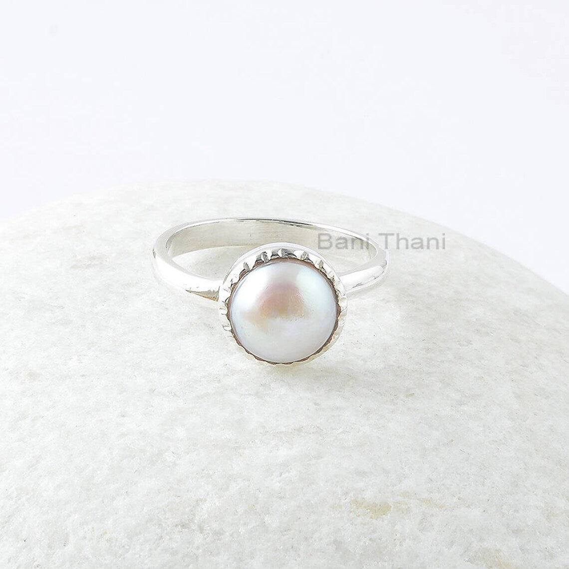 Fresh Water Pearl Silver Ring, Pearl 10mm Round Gemstone Ring, Sterling Silver Ring, Stackable Ring, Best Wedding Ring - Ring for Womens