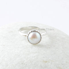 Fresh Water Pearl Silver Ring, Pearl 10mm Round Gemstone Ring, Sterling Silver Ring, Stackable Ring, Best Wedding Ring - Ring for Womens