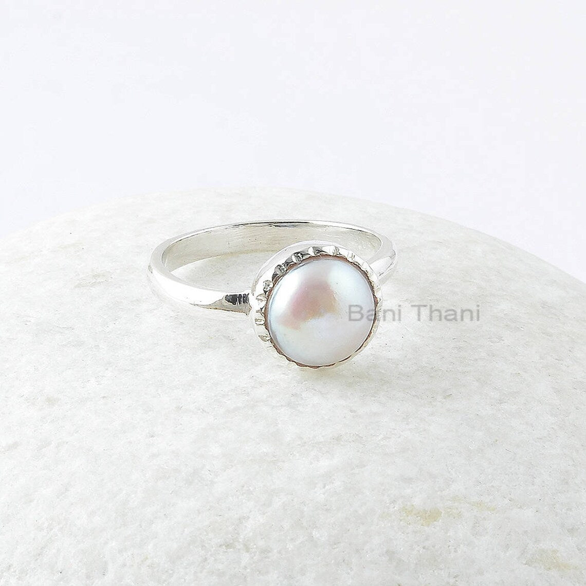 Fresh Water Pearl Silver Ring, Pearl 10mm Round Gemstone Ring, Sterling Silver Ring, Stackable Ring, Best Wedding Ring - Ring for Womens
