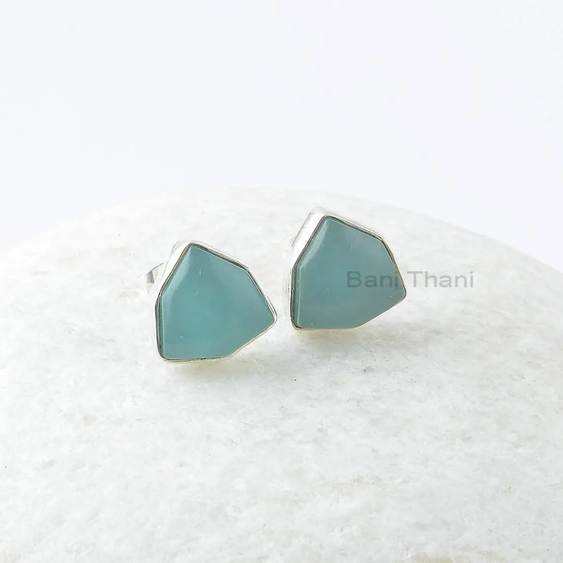 Aqua Chalcedony 10mm Trillion Shape Gemstone Stud Earring, 925 Sterling Silver Earring, Gift For Mom, Daily Wear Earring Jewelry-Top Selling