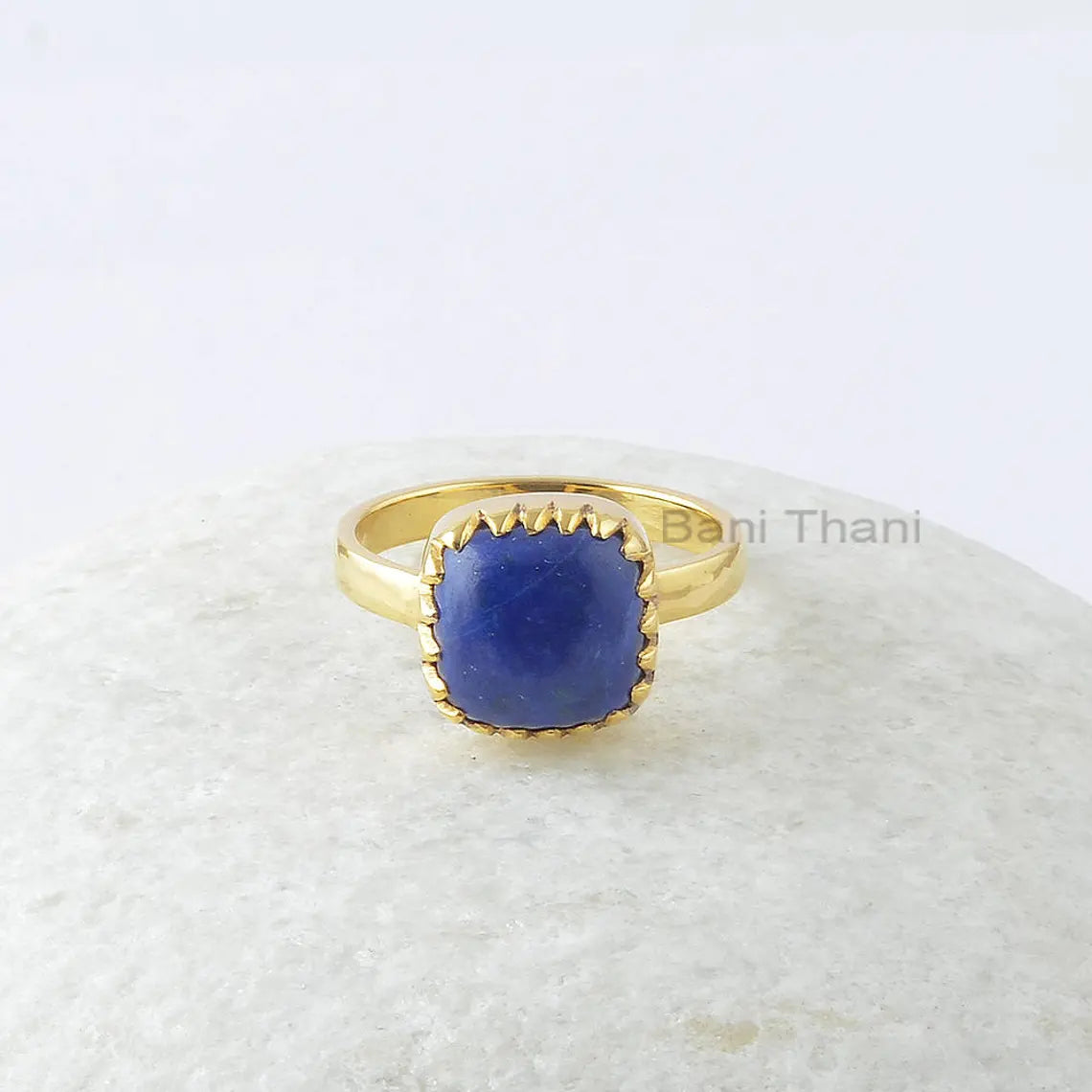 Lapis Lazuli Cushion Ring - Gold Plated Gemstone Ring - Solid 925 Sterling Silver Zig Zag Ring - Christmas Gift - Boho Ring - Gift for Her