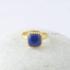 Lapis Lazuli Cushion Ring - Gold Plated Gemstone Ring - Solid 925 Sterling Silver Zig Zag Ring - Christmas Gift - Boho Ring - Gift for Her